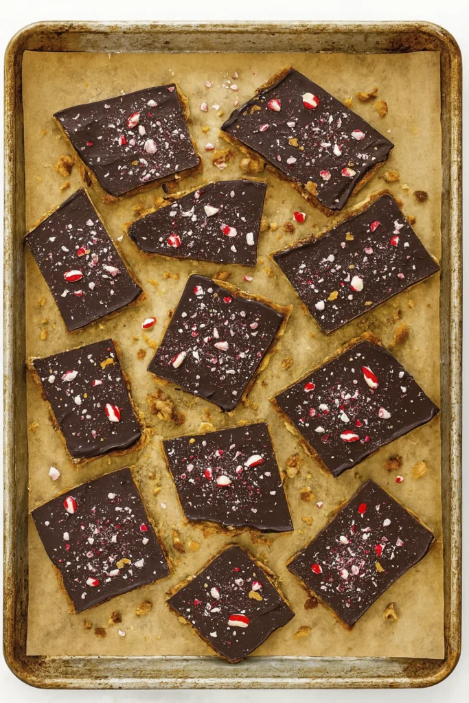Overhead view of freshly spread peppermint chocolate bark with spatula on parchment-lined baking sheet.