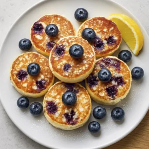 Gourmet-style mini pancakes with blueberries and powdered sugar, angled for food photography.