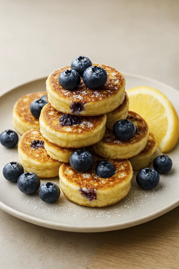 Mini blueberry pancakes with powdered sugar and lemon wedge, styled at a cozy 45-degree angle.