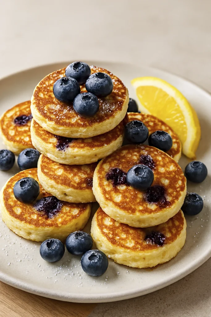 Golden mini pancakes with blueberries and powdered sugar, styled at a 45-degree angle for breakfast photography.