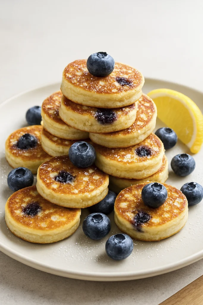 Mini pancakes with blueberries and lemon wedge, captured in soft morning light at a 45-degree angle.