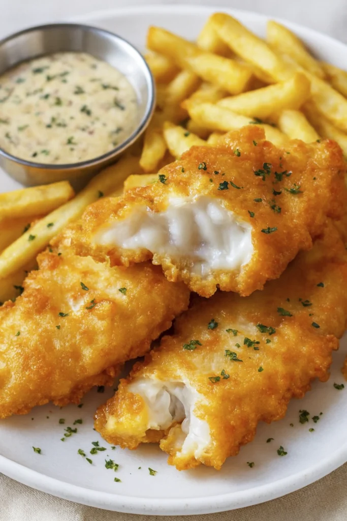Overhead shot of crispy fish fillets with golden fries and creamy herb sauce on a white plate