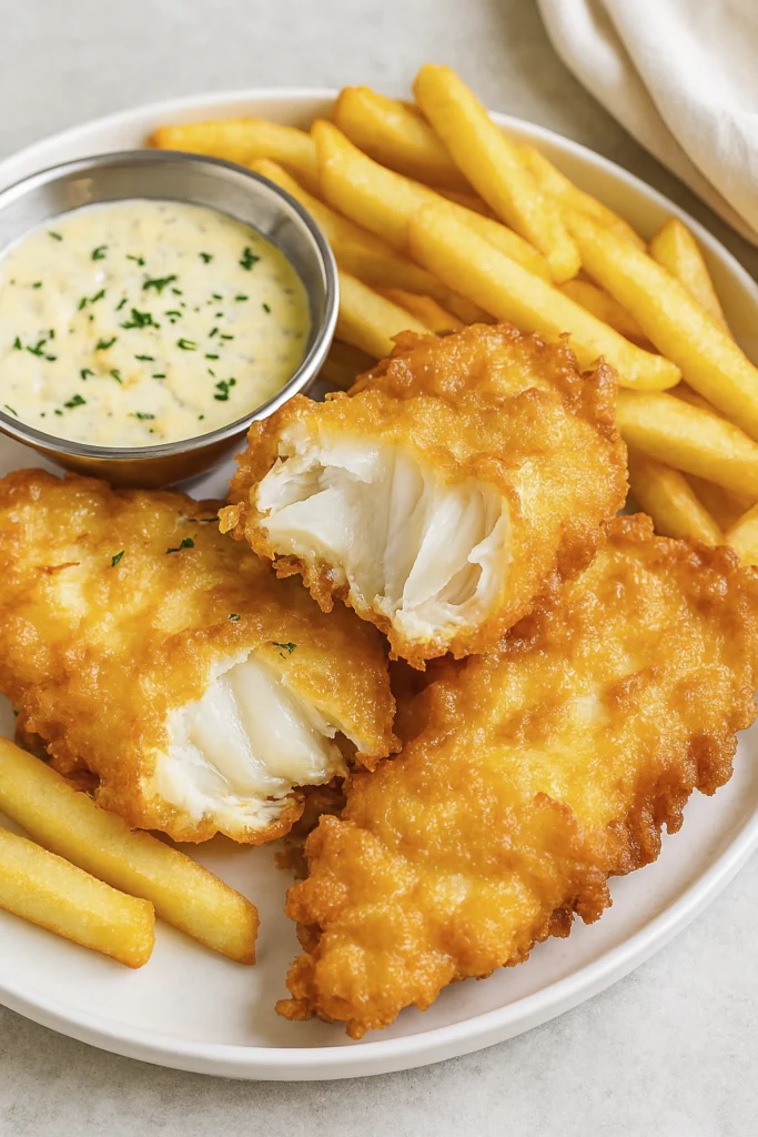 Side-angle view of flaky fish fillets with fries and dipping sauce on a ceramic plate