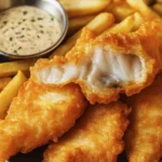 Close-up of crispy battered fish fillets with thick-cut fries and creamy herb dipping sauce.