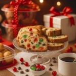 Festive dessert table with sliced fruitcake, cream puffs, gift boxes, and holiday treats.