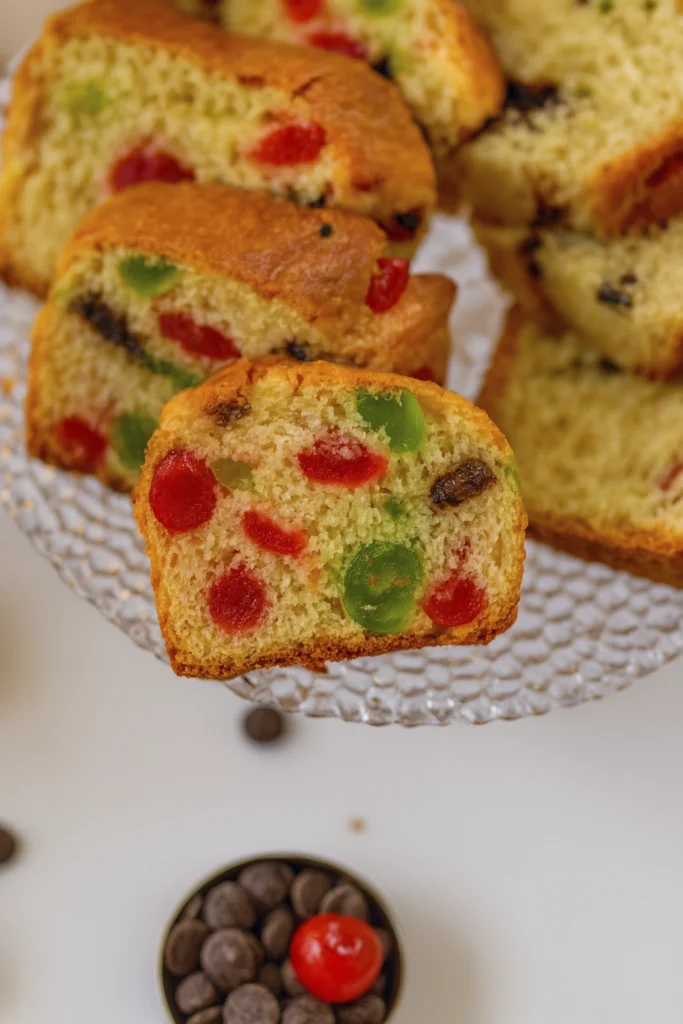 Golden fruit cake slices with red and green candied cherries and chocolate chips on a glass serving plate.