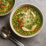 Overhead view of two rustic bowls of chicken and rice soup with vegetables and herbs on a gray stone surface.