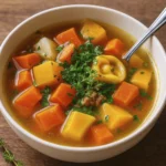 Rustic ceramic bowl of vegetable soup with carrots, potatoes, squash, and parsley garnish
