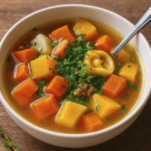 Rustic ceramic bowl of vegetable soup with carrots, potatoes, squash, and parsley garnish