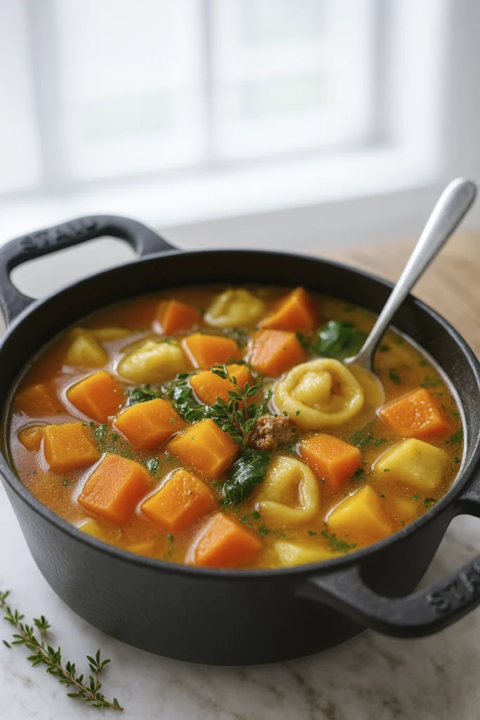 Overhead view of rustic vegetable soup with carrots, potatoes, squash, and parsley in a ceramic bowl