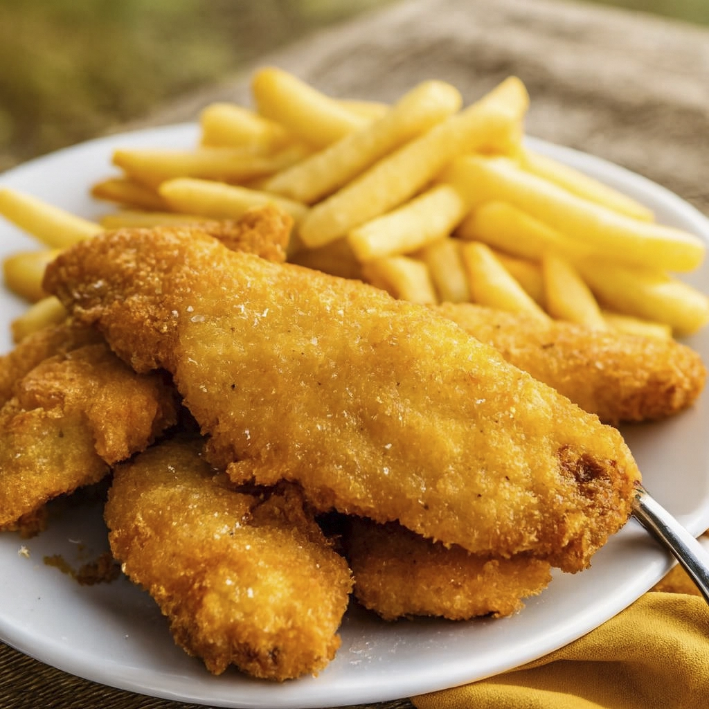 Crispy fish fillets and French fries on white plate