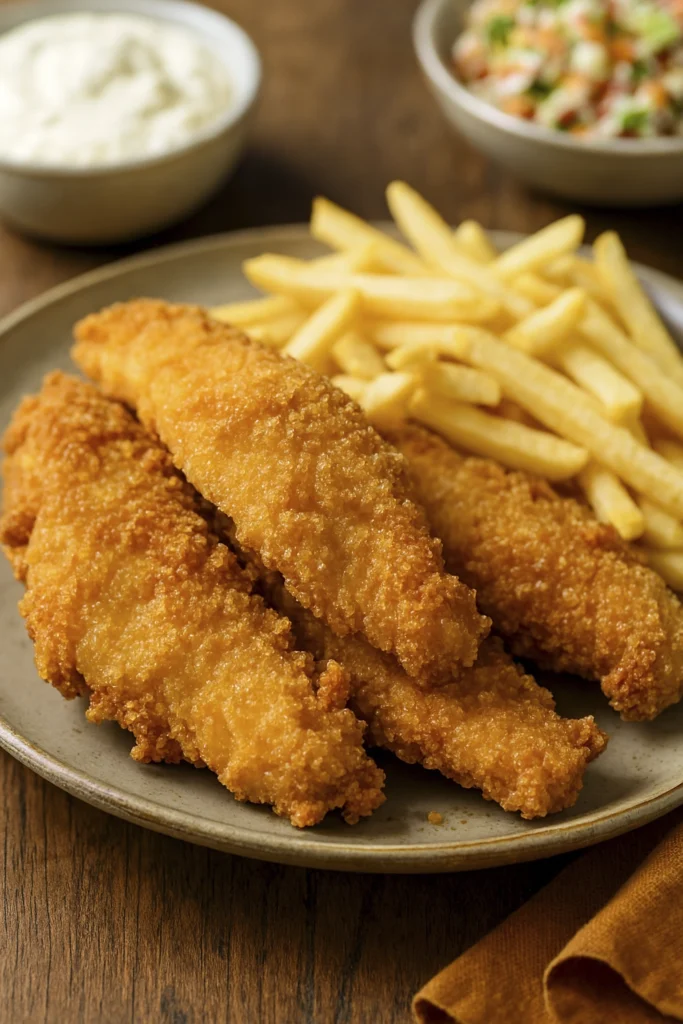 Breaded fish fillets and fries on rustic table