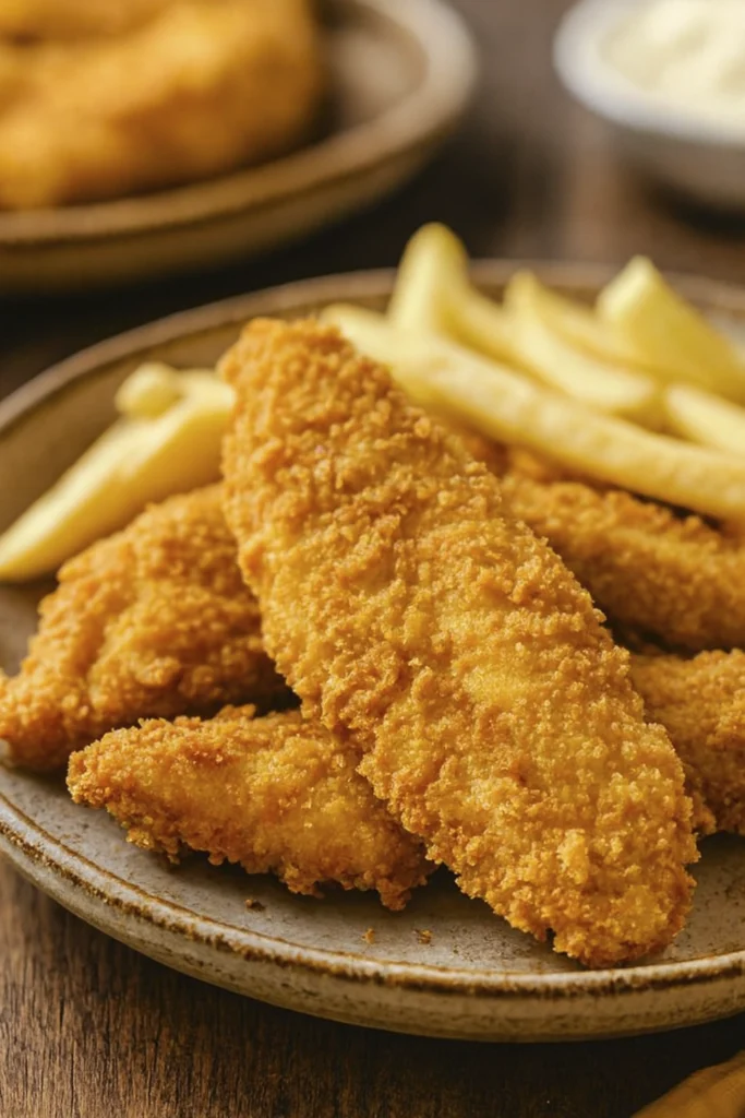 Golden fried fish fillets with French fries on white plate