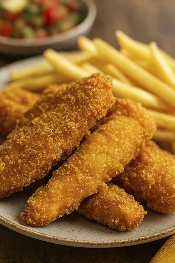 Golden fried fish fillets with thick-cut fries on white plate