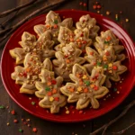 Festive autumn leaf cookies with frosting, sprinkles, and nuts on a red plate over rustic wooden background