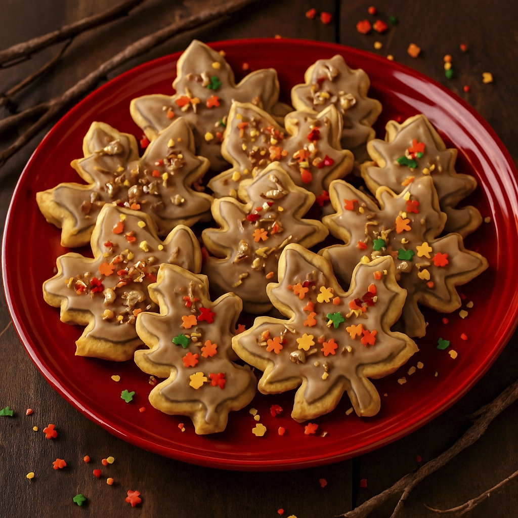 Festive autumn leaf cookies with frosting, sprinkles, and nuts on a red plate over rustic wooden background