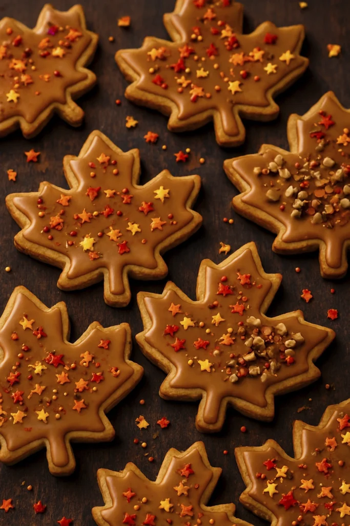 Maple leaf cookies with caramel glaze, autumn sprinkles, and pecans on rustic wooden background