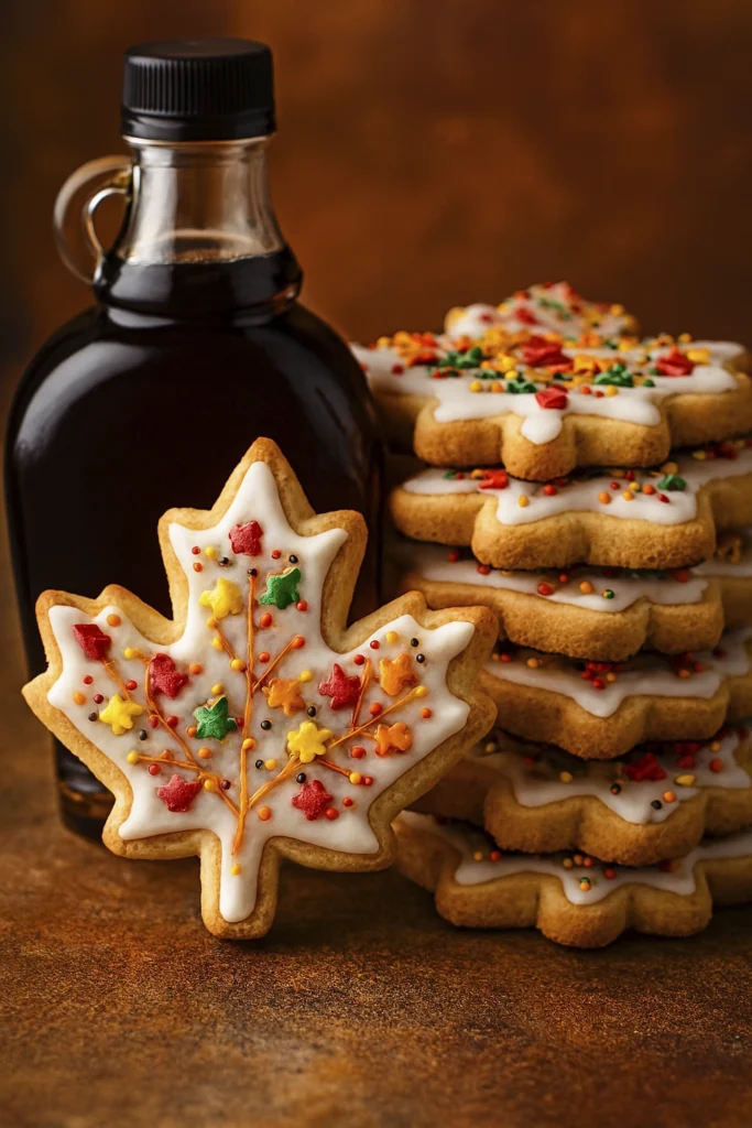 Stack of maple leaf cookies with white icing, colorful autumn sprinkles, and maple syrup bottle on rustic background