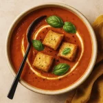 Minimalist tomato soup with basil and cream swirl on white background