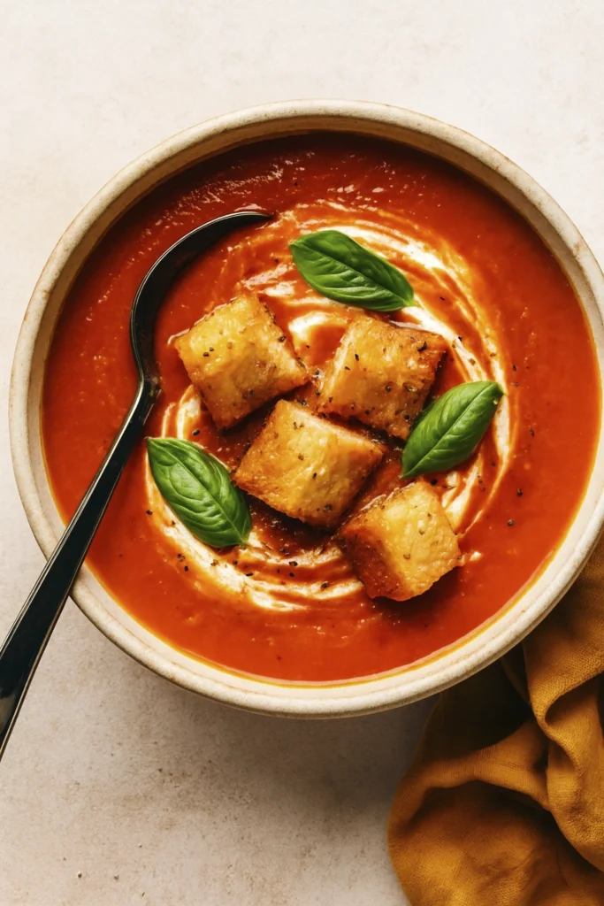 Overhead view of tomato soup with fresh ingredients and cream swirl