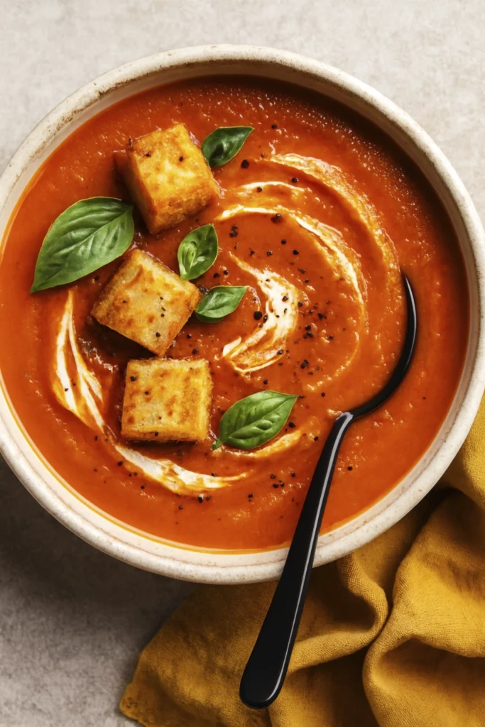 Tomato soup with basil and croutons on a rustic wooden table
