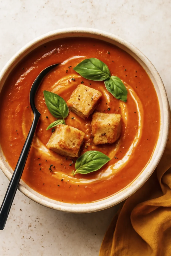 Tomato soup with cream swirl, basil, croutons, and black pepper in a rustic bowl
