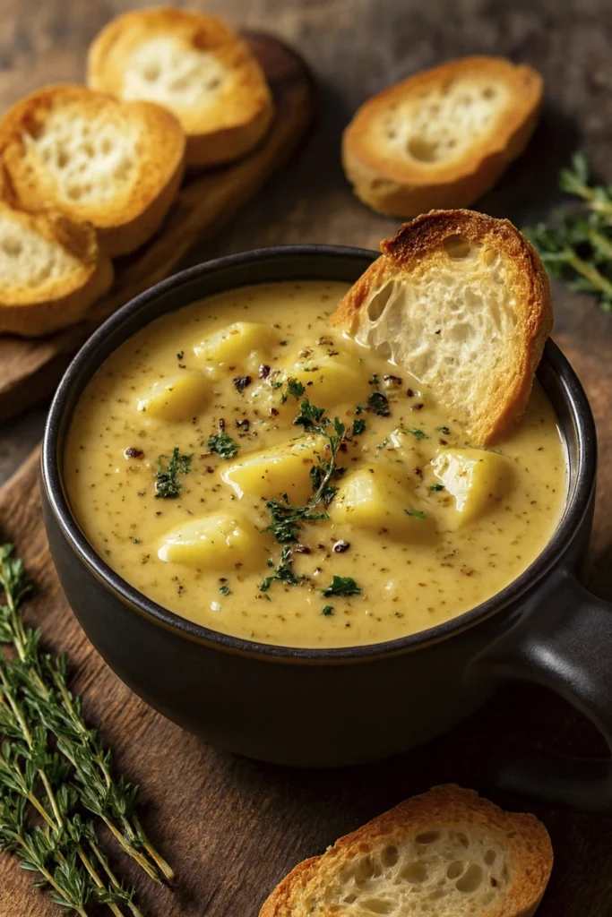 Creamy potato soup with herbs and toast in a rustic ceramic bowl