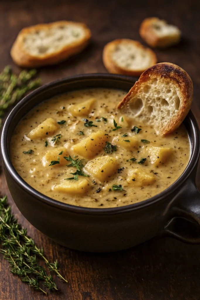 Rustic bowl of potato soup with thyme, pepper, and toasted bread