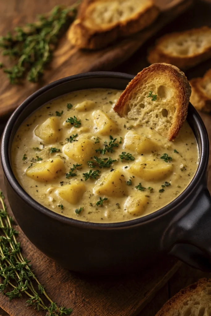 Chunky potato soup with cracked pepper and thyme, served with toasted bread