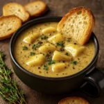 Creamy potato soup with herbs and toast in a rustic ceramic bowl on wooden table