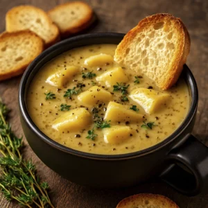 Creamy potato soup with herbs and toast in a rustic ceramic bowl on wooden table