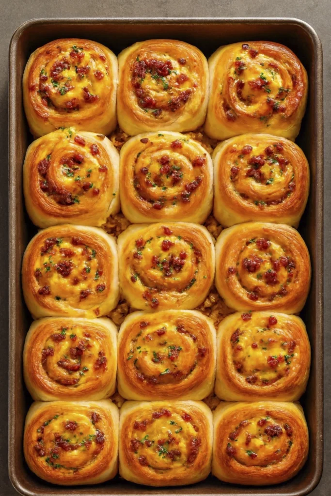 Golden brown savory cheese and bacon rolls in a parchment-lined baking tray.