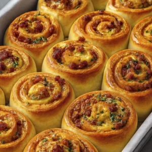 Homemade savory swirl rolls with cheese, pancetta, and herbs in a ceramic baking dish.