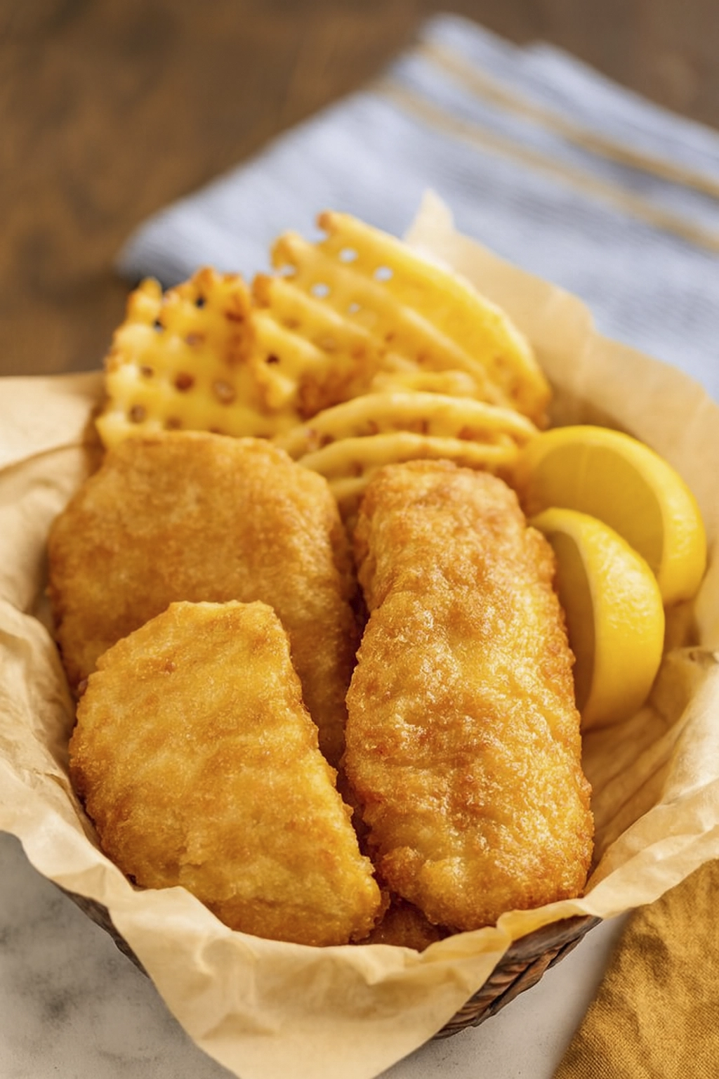 Fried fish fillets and waffle fries with lemon wedge in basket
