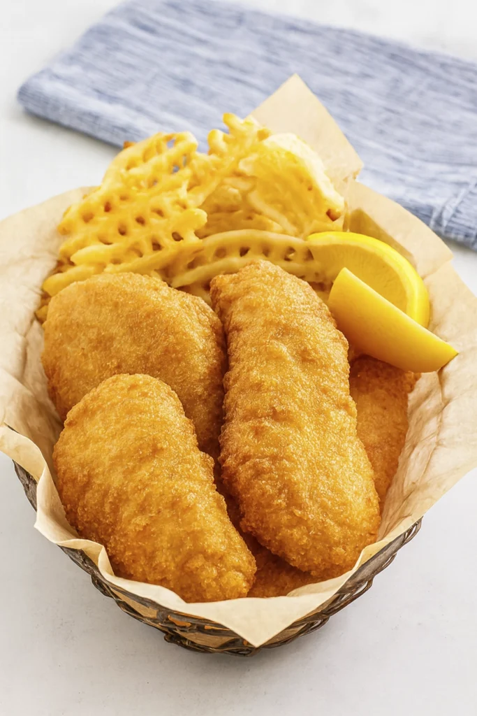 Basket of crispy fried fish fillets with waffle fries and lemon wedge