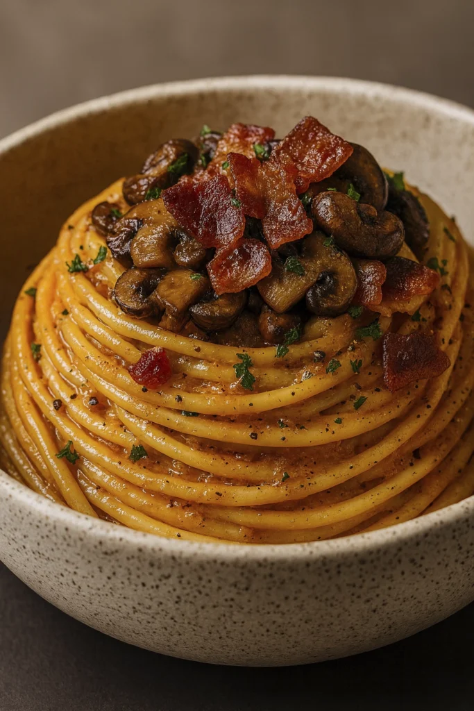 Spaghetti in creamy orange sauce with bacon, mushrooms, parsley, and black pepper in rustic bowl