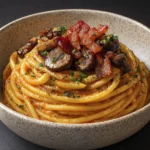 Creamy spaghetti with bacon, mushrooms, parsley, and pepper in speckled ceramic bowl