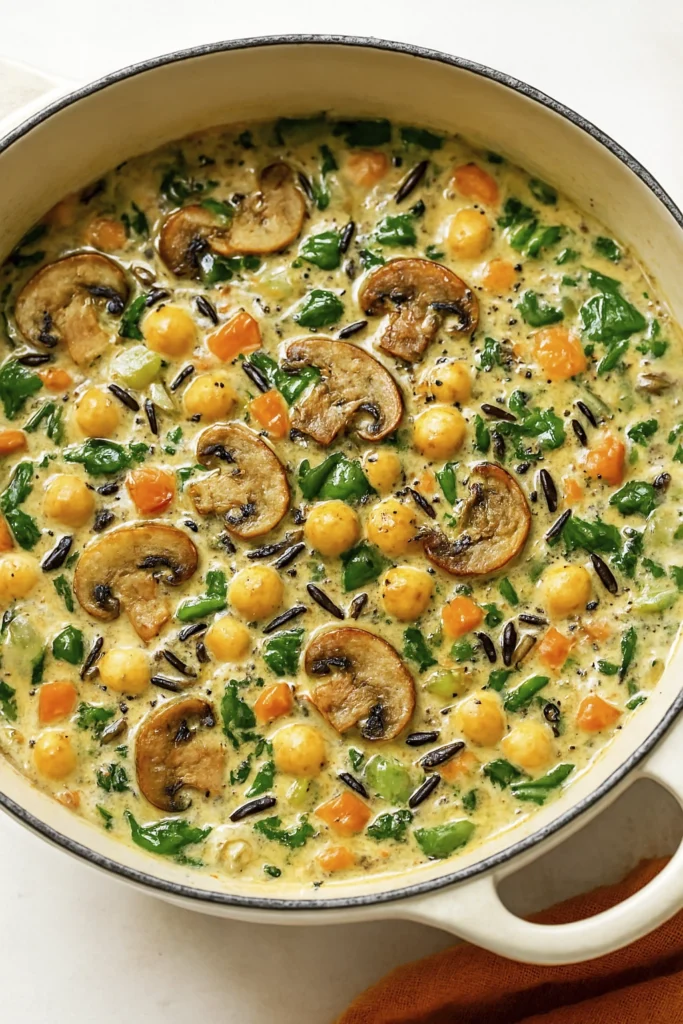 Macro close-up of creamy wild rice soup with mushrooms, chickpeas, carrots, celery, and spinach.