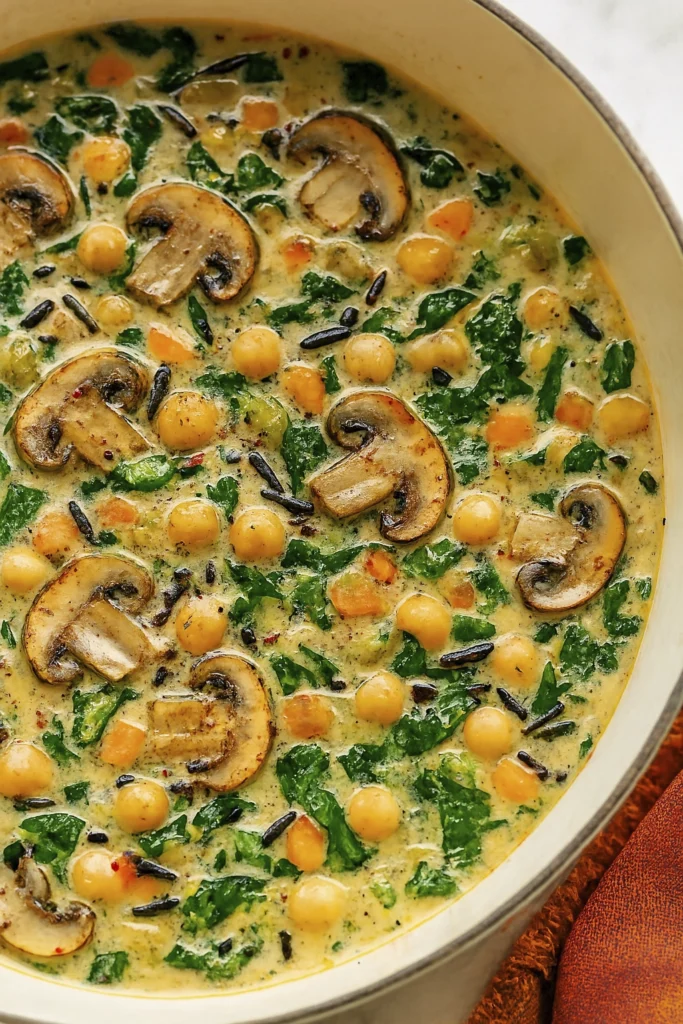 Side angle of creamy vegetable and wild rice soup in a rustic pot with mushrooms, chickpeas, and spinach.