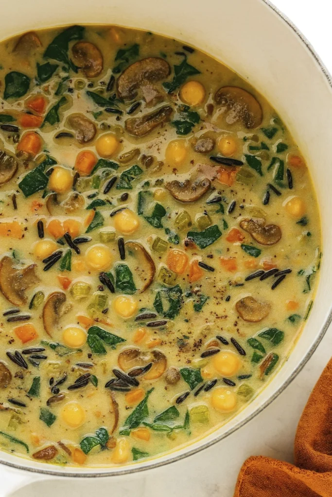 Overhead view of creamy vegetable and wild rice soup with mushrooms, chickpeas, carrots, celery, and spinach in a rustic pot.