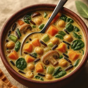 Top-down view of creamy vegetable soup with sweet potatoes, mushrooms, chickpeas, wild rice, and spinach in a rustic bowl