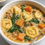 Rustic cast iron pan of creamy tortellini soup with sausage, vegetables, and spinach