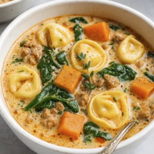 Rustic cast iron pan of creamy tortellini soup with sausage, vegetables, and spinach