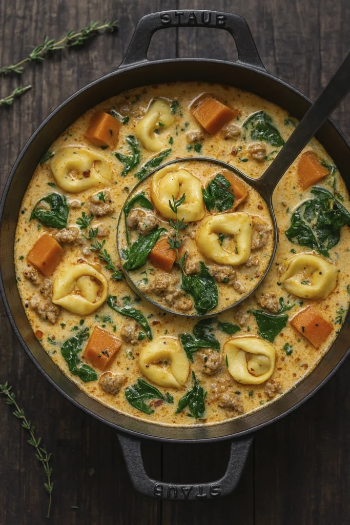 Rustic cast iron pot of creamy tortellini soup with sausage, squash, spinach, and thyme garnish