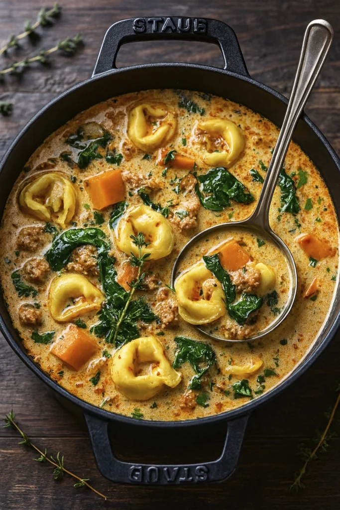 Side view of creamy tortellini soup with sausage, squash, and spinach in a rustic cast iron pot