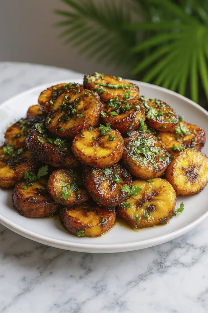 Golden-brown fried plantain slices garnished with fresh chopped parsley, served on a white ceramic plate over a marble countertop with tropical palm leaves in the background.