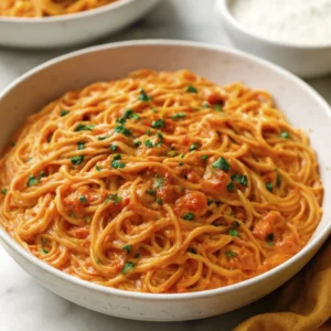 Creamy tomato spaghetti with parsley in a white bowl on marble countertop