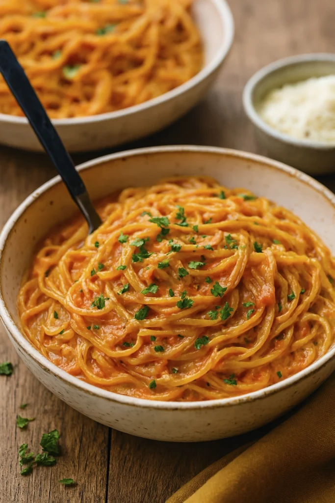 Creamy tomato spaghetti with parsley in a white bowl on marble surface