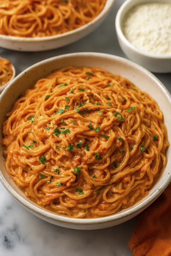 Spaghetti in tomato cream sauce with parsley garnish and Parmesan cheese