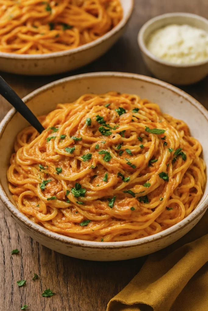 Creamy tomato pasta with fresh herbs and cheese in white bowl